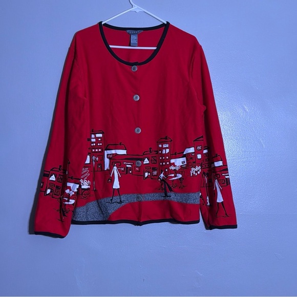 Vintage Koret Cityscapes Cardigan Red with Buttons and Long Sleeves - Picture 2 of 6